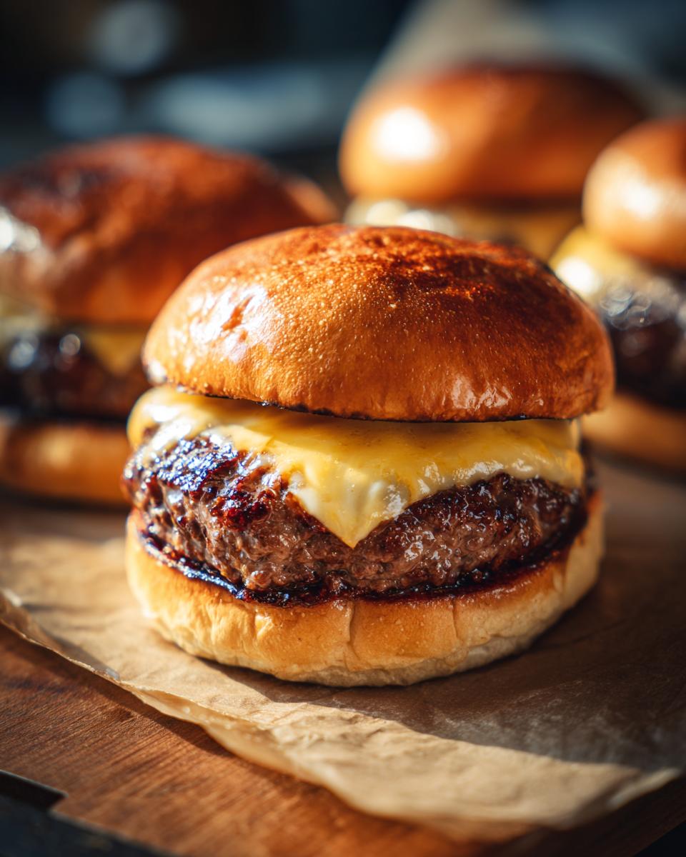 Close-up of a juicy burger with melted cheese, perfectly grilled patty, and toasted bun.