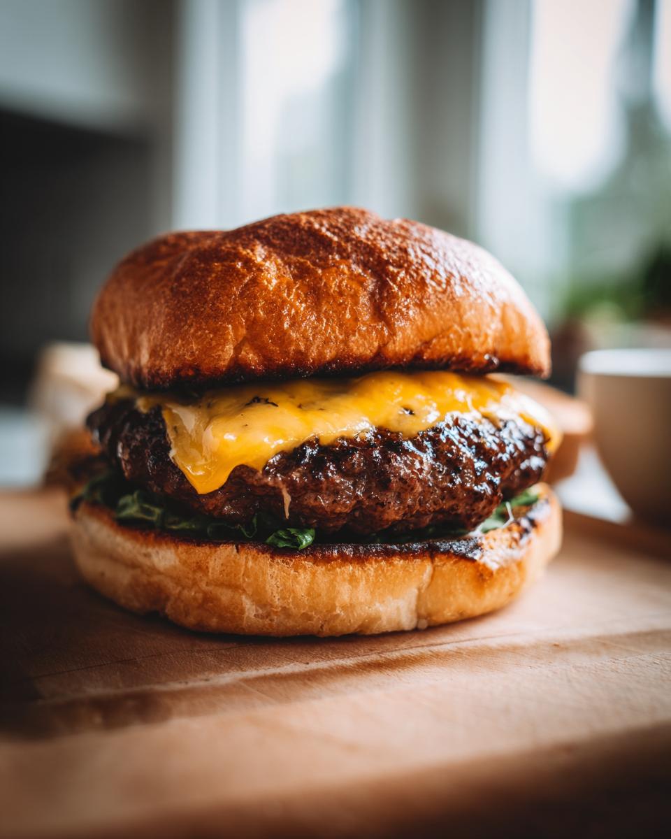 Close-up of a perfectly cooked juicy burger with melted cheese, fresh lettuce, and a toasted bun.