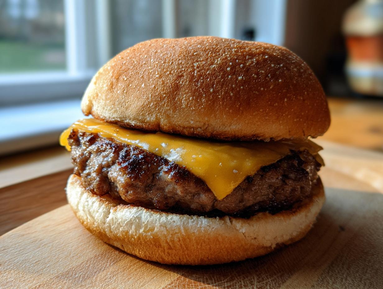A close-up of a perfectly cooked juicy burger with melted cheddar cheese on a toasted bun.