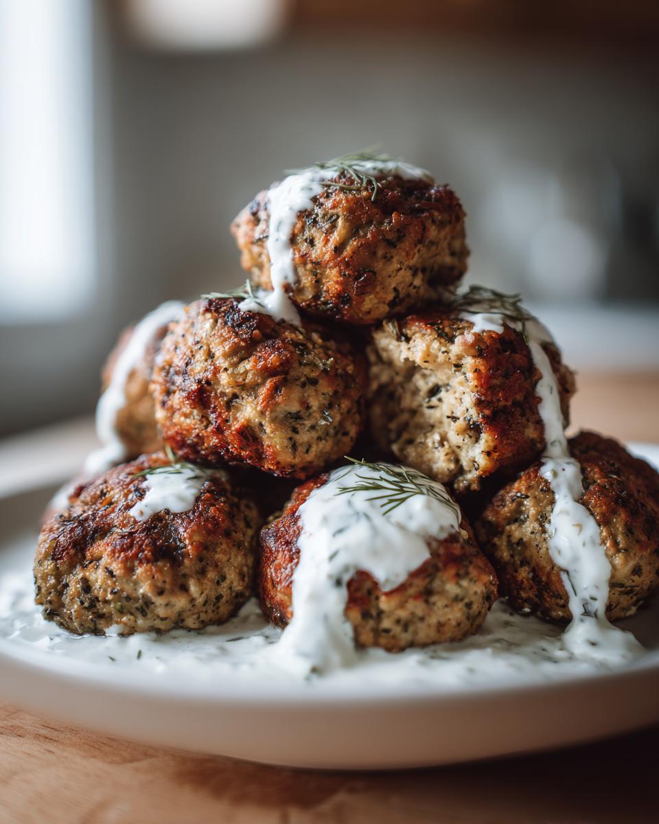Stack of juicy greek chicken meatballs generously topped with creamy tzatziki sauce and fresh dill.