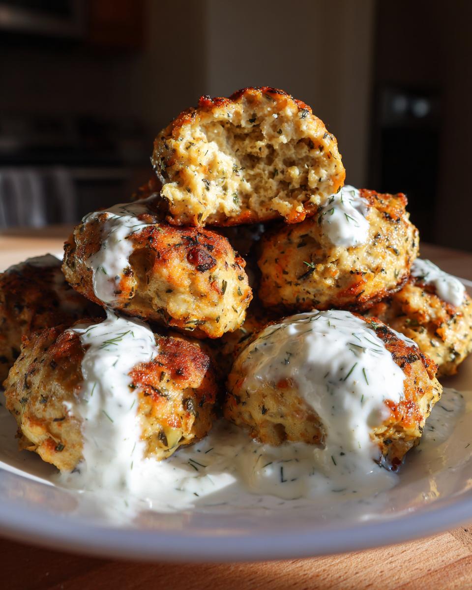 A stack of golden brown greek chicken meatballs drizzled generously with white dill sauce.