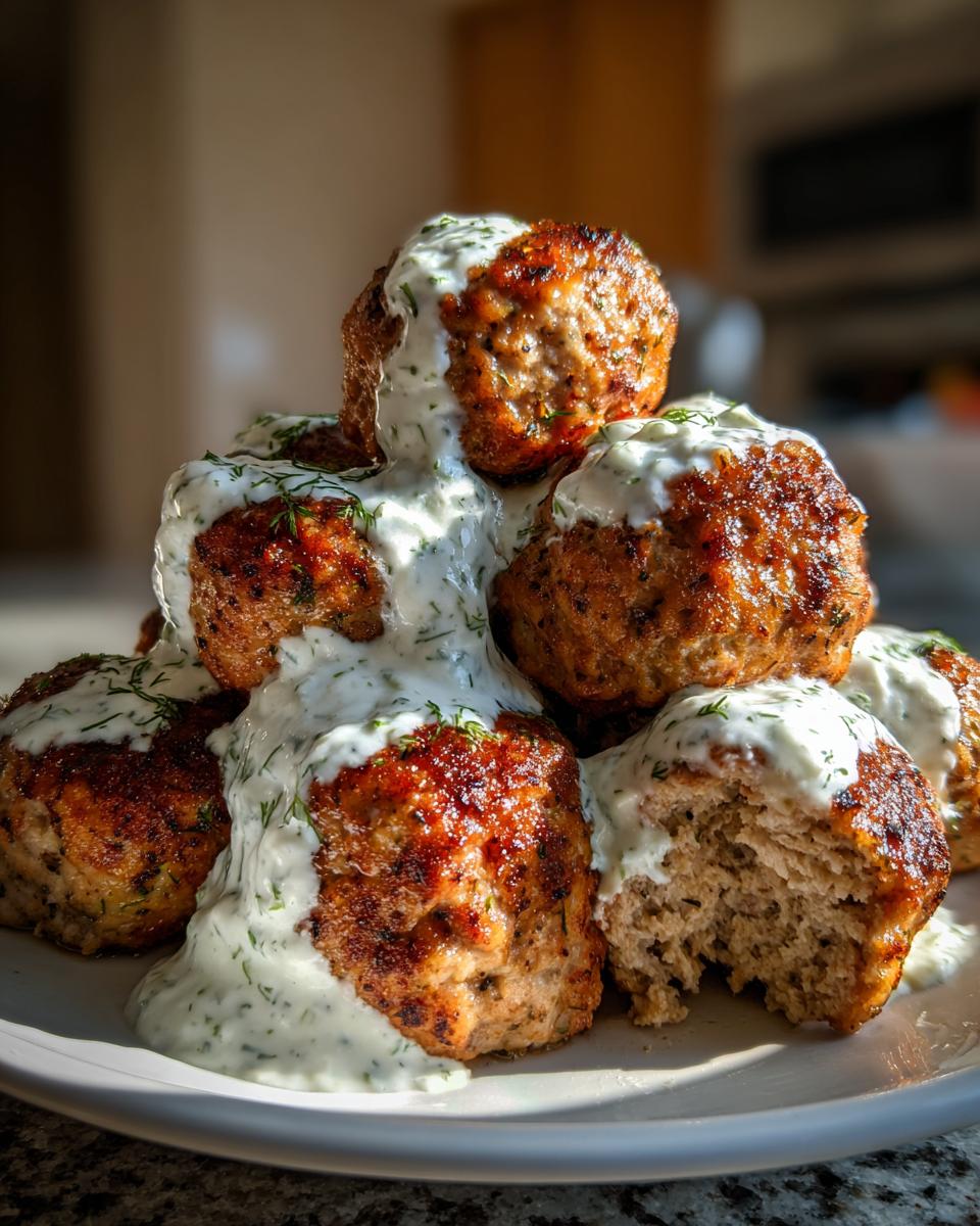 A stack of golden brown greek chicken meatballs generously topped with creamy dill tzatziki sauce.
