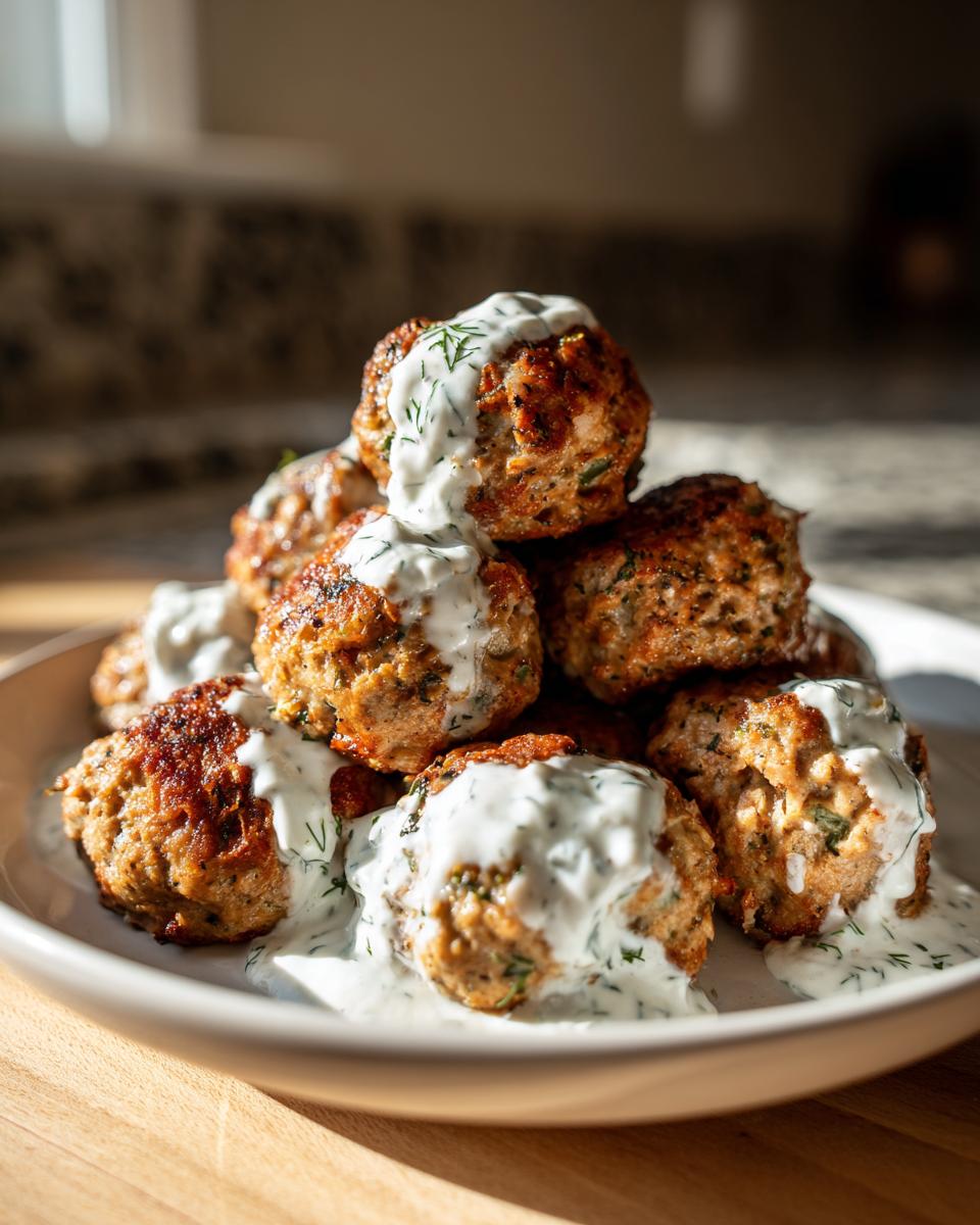 A stack of golden brown greek chicken meatballs generously drizzled with creamy white tzatziki sauce.