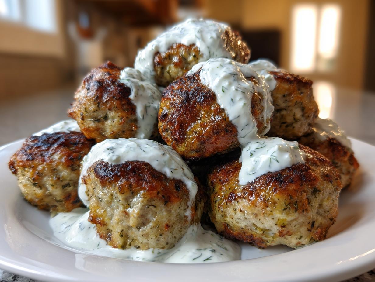 A stack of golden-brown greek chicken meatballs generously topped with creamy white tzatziki sauce.