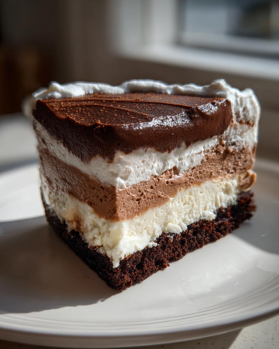 A rich slice of Italian love cake showing multiple layers of dark cake, white cream, and chocolate mousse.