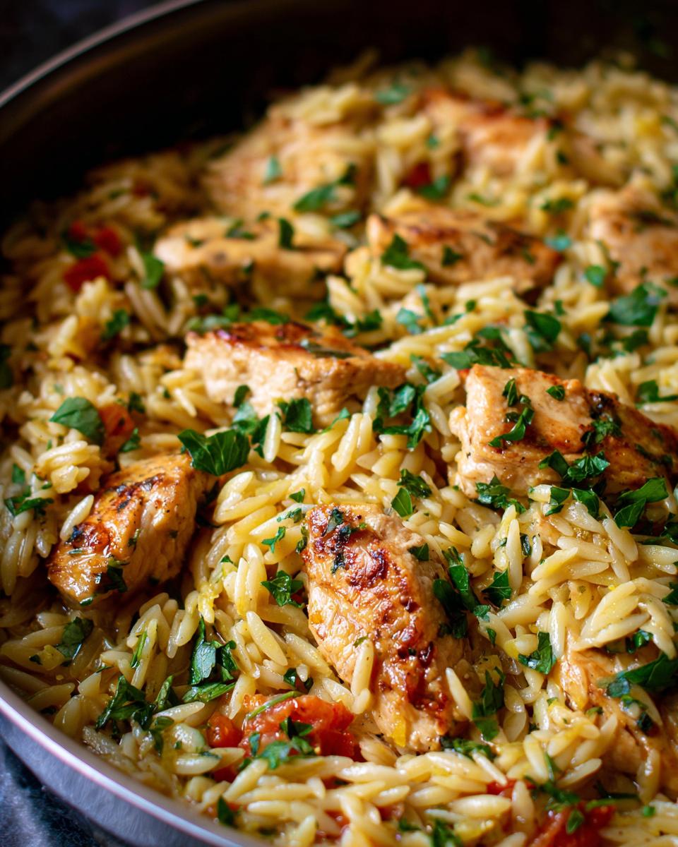 Close-up of a pan filled with lemon chicken orzo, featuring tender chicken pieces and orzo pasta with fresh parsley.