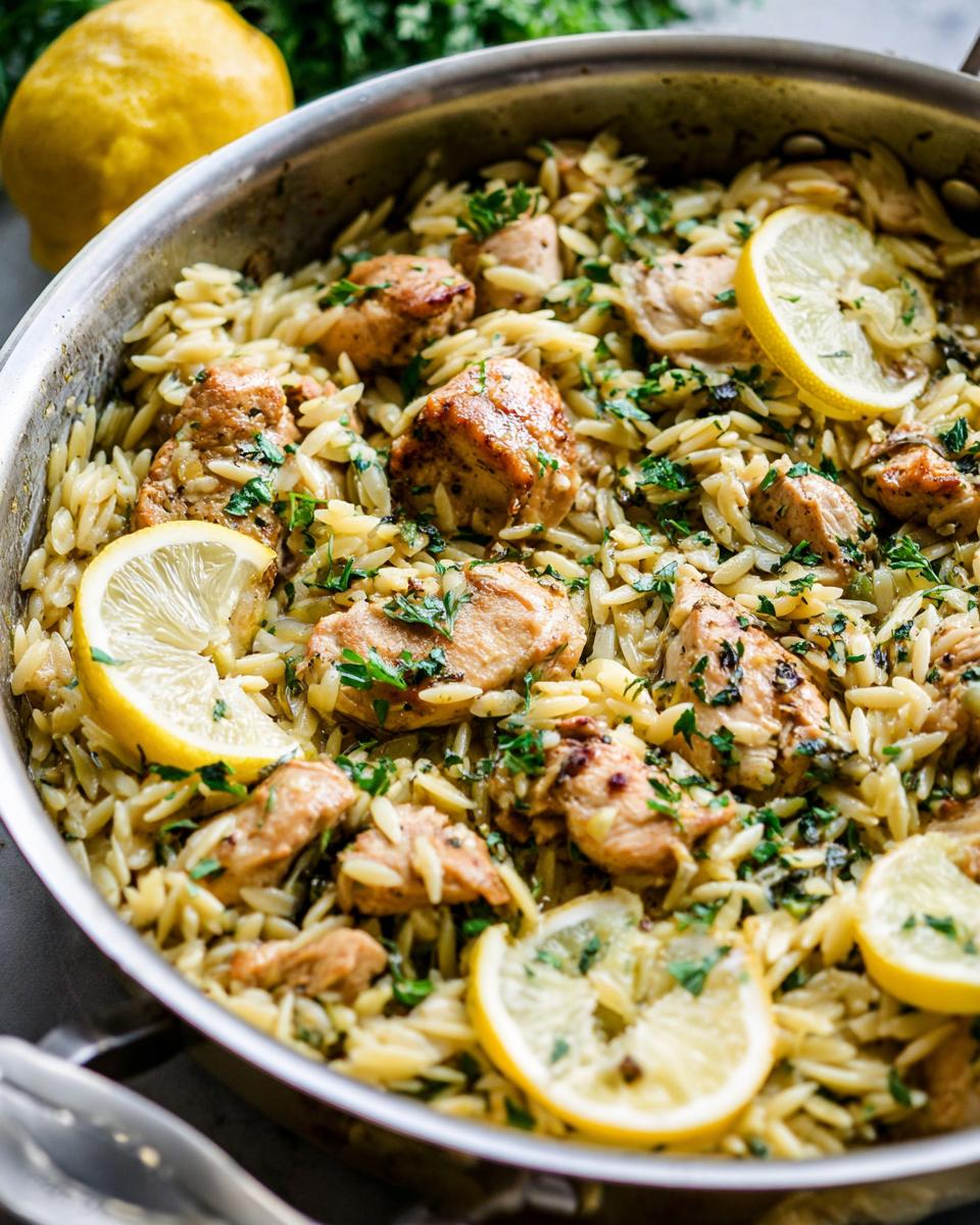 Close-up of a skillet filled with lemon chicken orzo, garnished with lemon slices and fresh parsley.