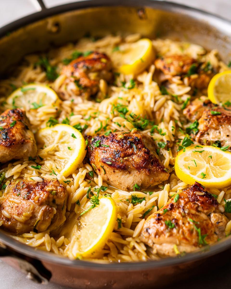 Close-up of lemon chicken orzo cooked in a skillet, garnished with lemon slices and parsley.