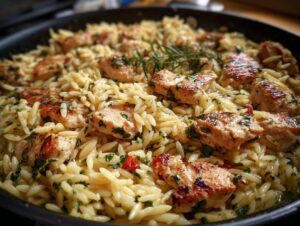 Close-up of a skillet filled with lemon chicken orzo, featuring tender chicken pieces and orzo pasta with herbs.