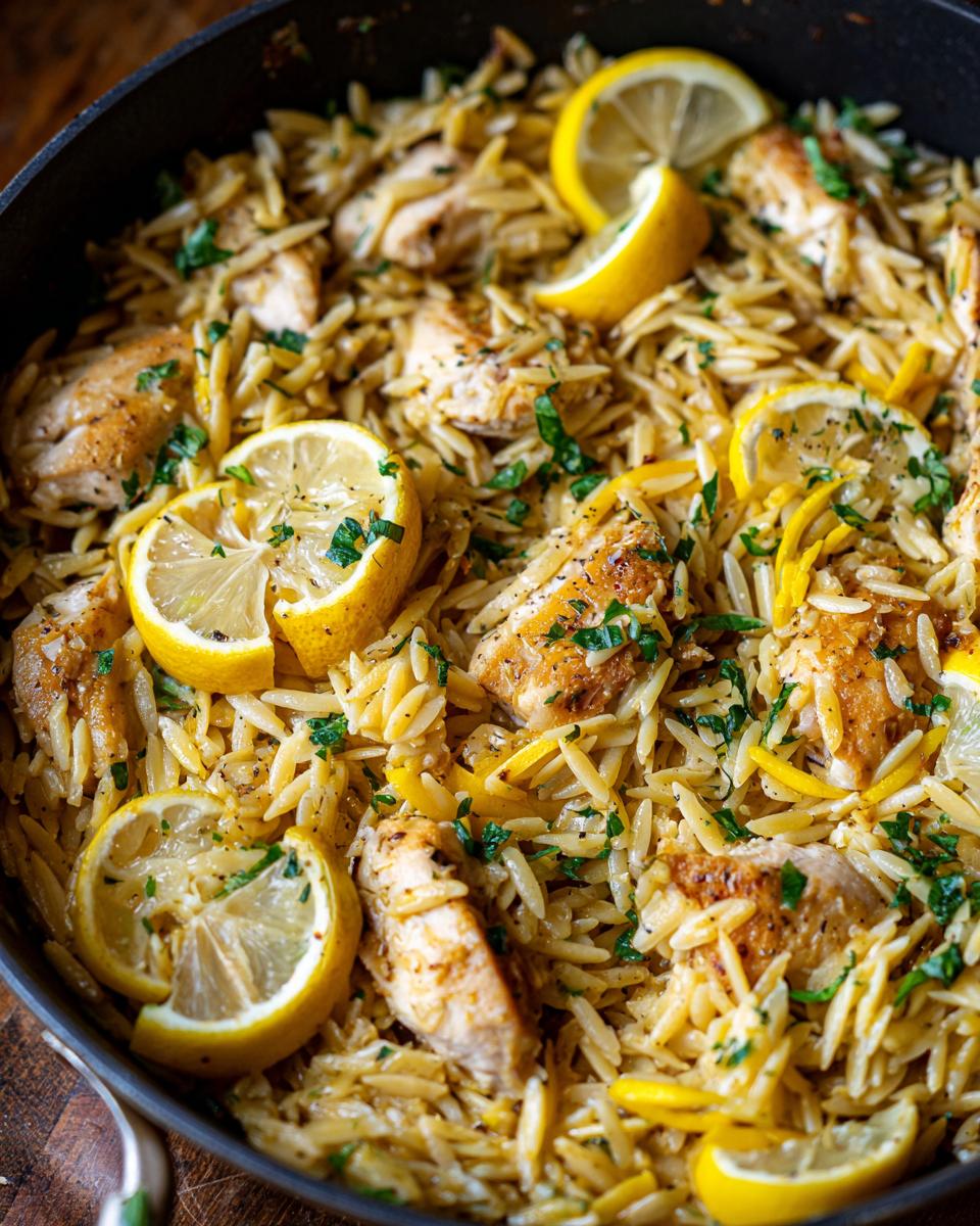 Close-up of a skillet filled with lemon chicken orzo, garnished with lemon slices and parsley.