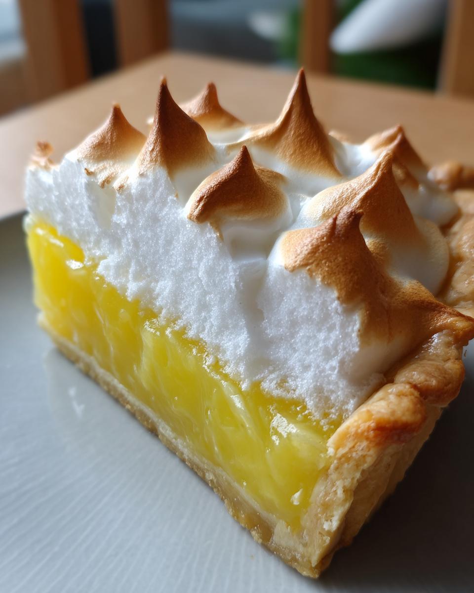 A close-up slice of bright yellow lemon meringue pie showing a thick curd layer and tall, toasted meringue peaks.