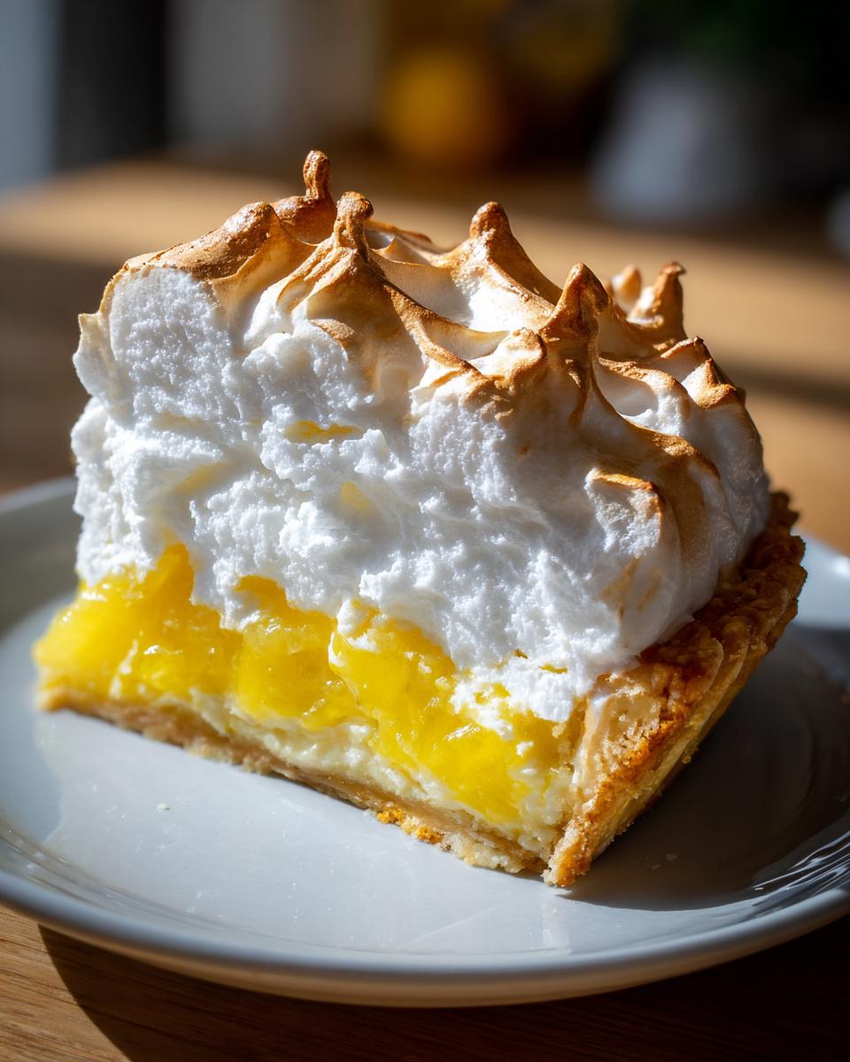 Close-up of a tall slice of lemon meringue pie showing bright yellow filling and fluffy, torched meringue.