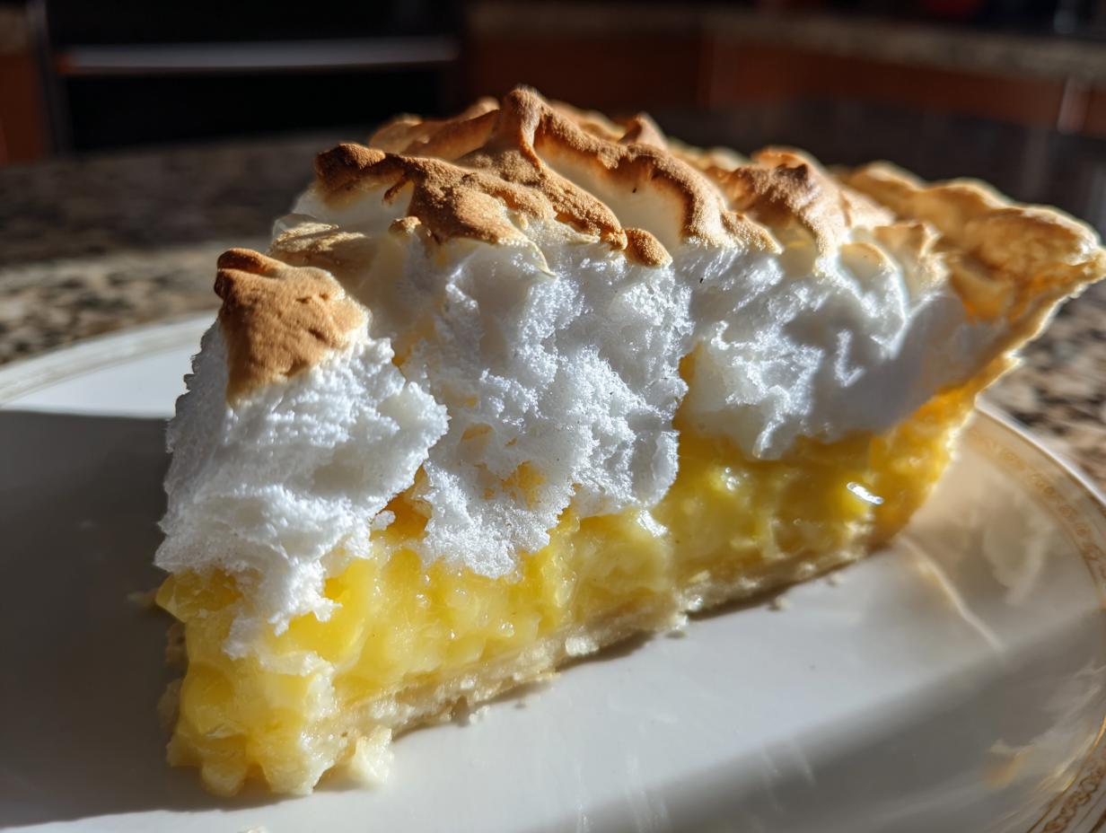 A close-up slice of lemon meringue pie showing thick, bright yellow filling and fluffy, toasted meringue.