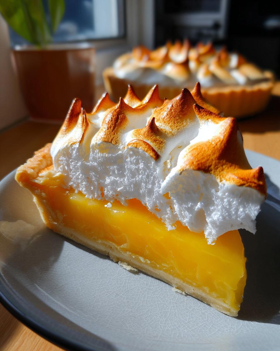 A close-up slice of bright yellow lemon meringue pie featuring tall, beautifully torched meringue peaks.
