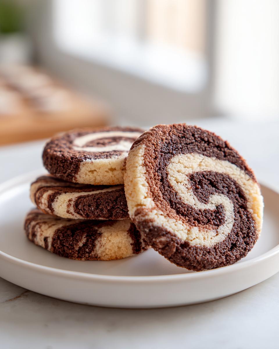 A stack of three marbled chocolate and vanilla pinwheel cookies, with one leaning against the stack on a white plate.