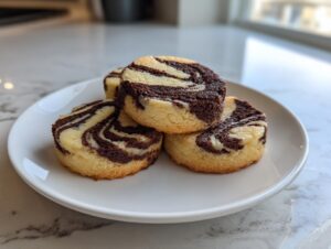 Four delicious pinwheel cookies with a striking brown and white swirl pattern stacked on a white plate.