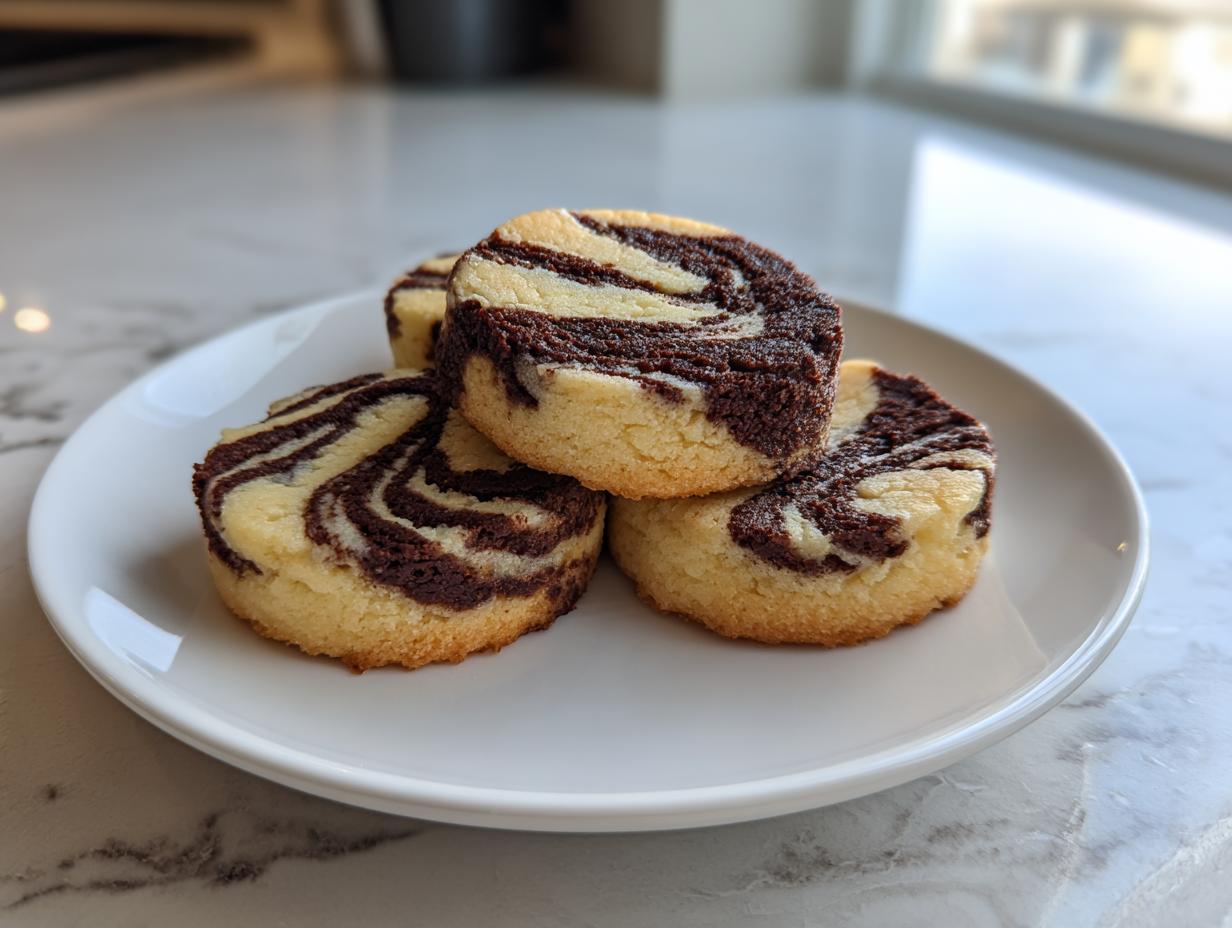Four delicious pinwheel cookies with a striking brown and white swirl pattern stacked on a white plate.