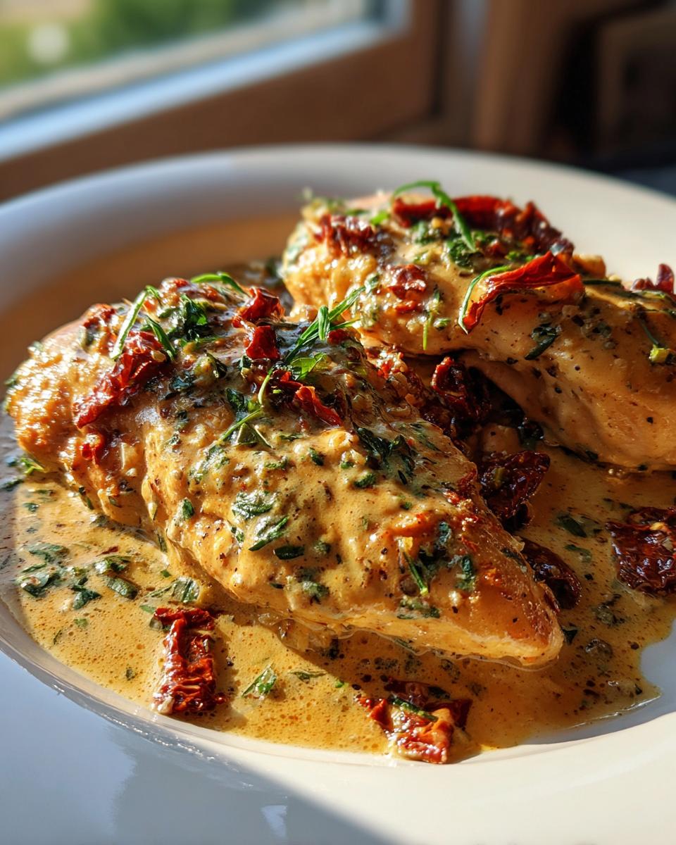 Two pieces of Marry Me Chicken smothered in a creamy, herb-flecked sauce with sun-dried tomatoes.