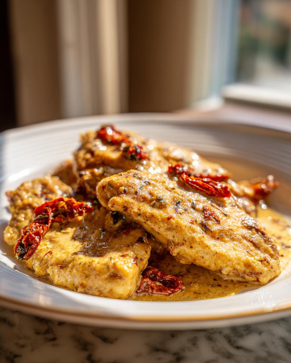 Close-up of seared chicken breasts covered in a creamy, golden sauce and topped with sun-dried tomatoes, representing Marry Me Chicken.