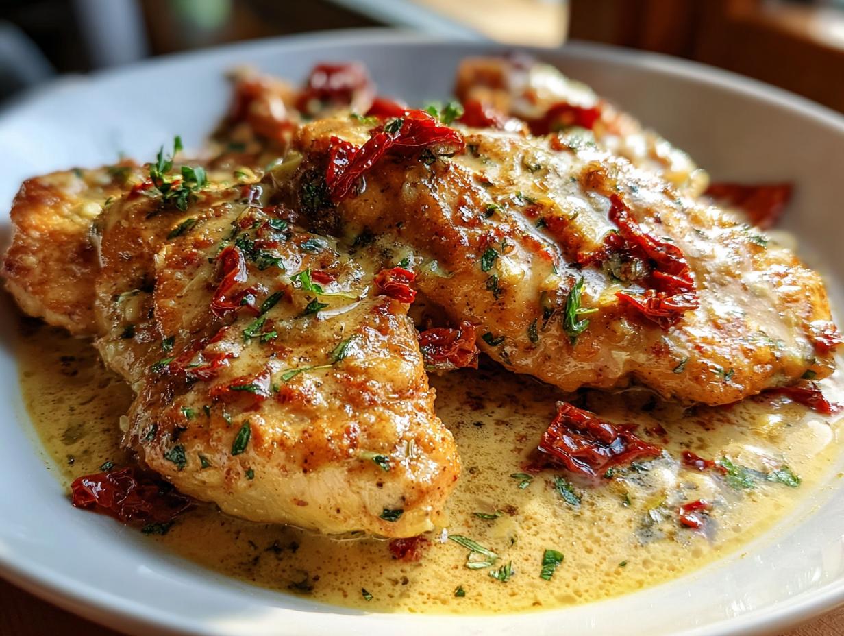 Close-up of pan-seared Marry Me Chicken breasts covered in a rich, creamy sauce with sun-dried tomatoes and herbs.