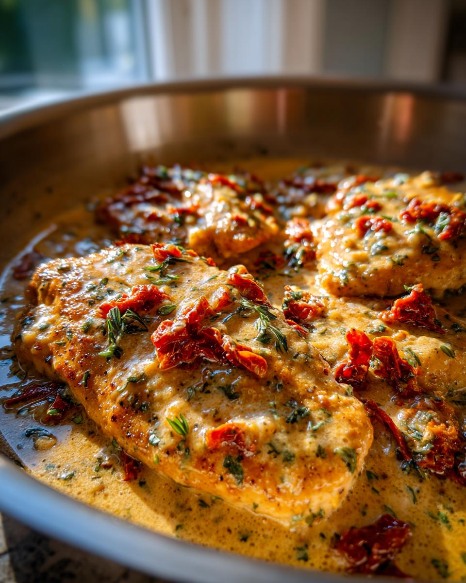 Close-up of seared chicken breasts covered in a rich, creamy sauce with sun-dried tomatoes and herbs, ready to serve as Marry Me Chicken.