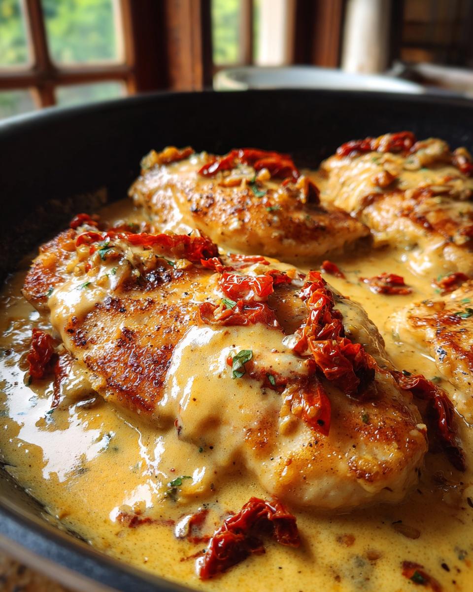 Three golden-brown chicken breasts smothered in a rich, creamy sauce with sun-dried tomatoes, prepared as Marry Me Chicken.