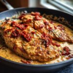 Two seared chicken breasts covered in a creamy sauce and topped with sun-dried tomatoes, ready to serve as Marry Me Chicken.