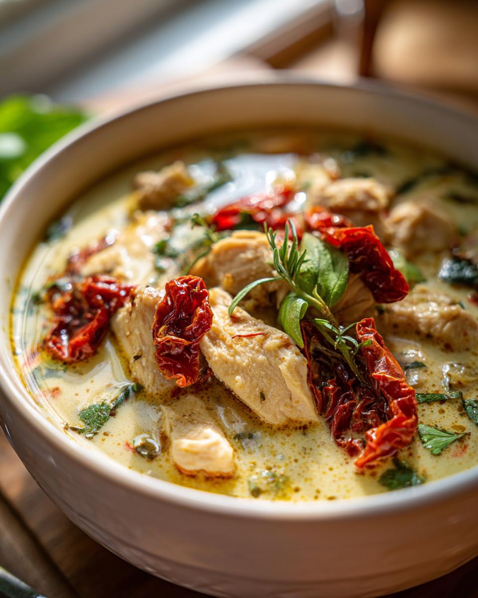 A close-up of a bowl of creamy Marry Me Chicken Soup, featuring tender chicken pieces, sun-dried tomatoes, and fresh herbs.