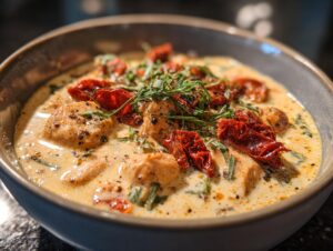 A close-up of a bowl of Marry Me Chicken Soup, featuring tender chicken pieces in a rich, creamy broth with sun-dried tomatoes and fresh herbs.