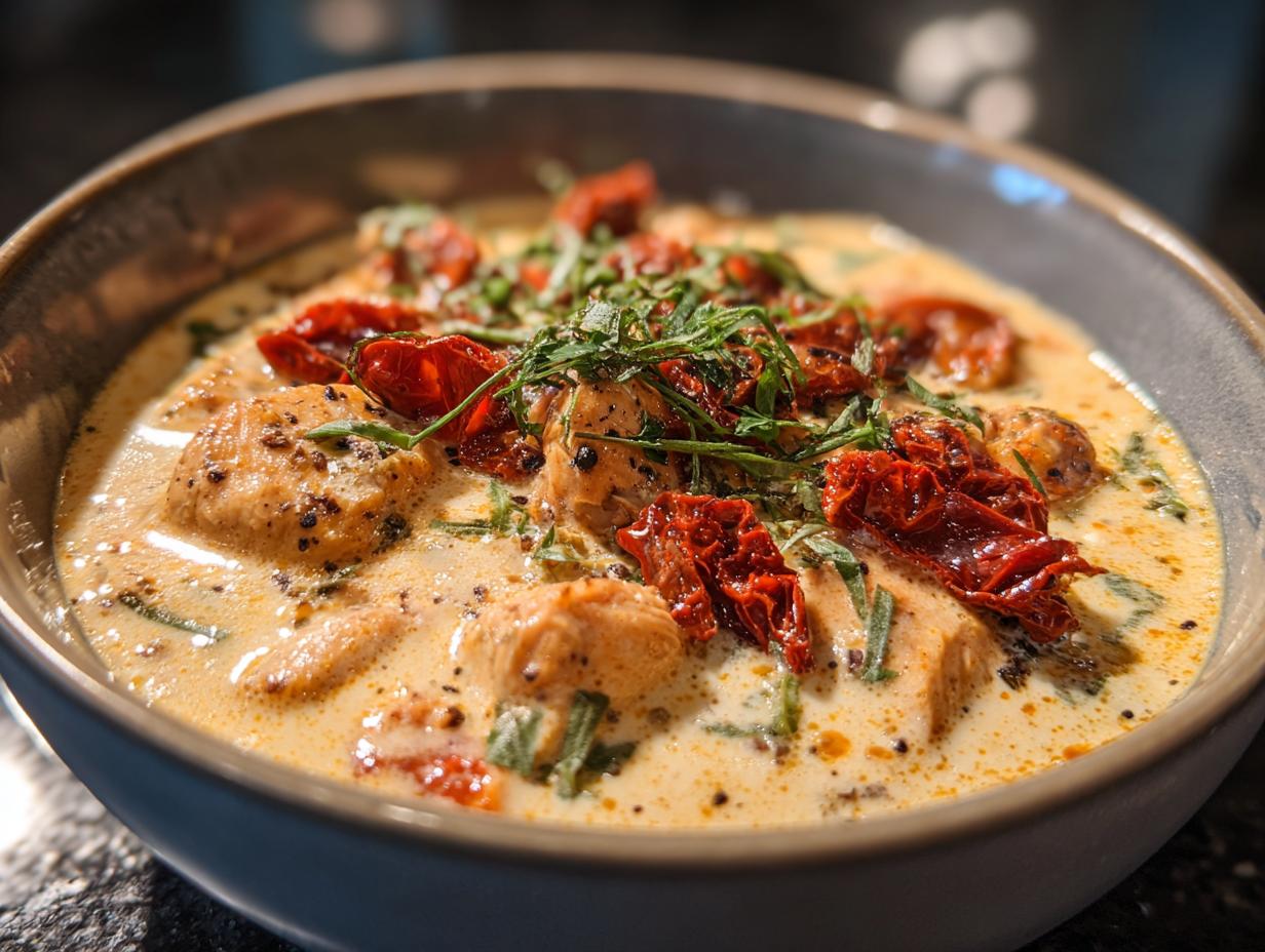 A close-up of a bowl of Marry Me Chicken Soup, featuring tender chicken pieces in a rich, creamy broth with sun-dried tomatoes and fresh herbs.