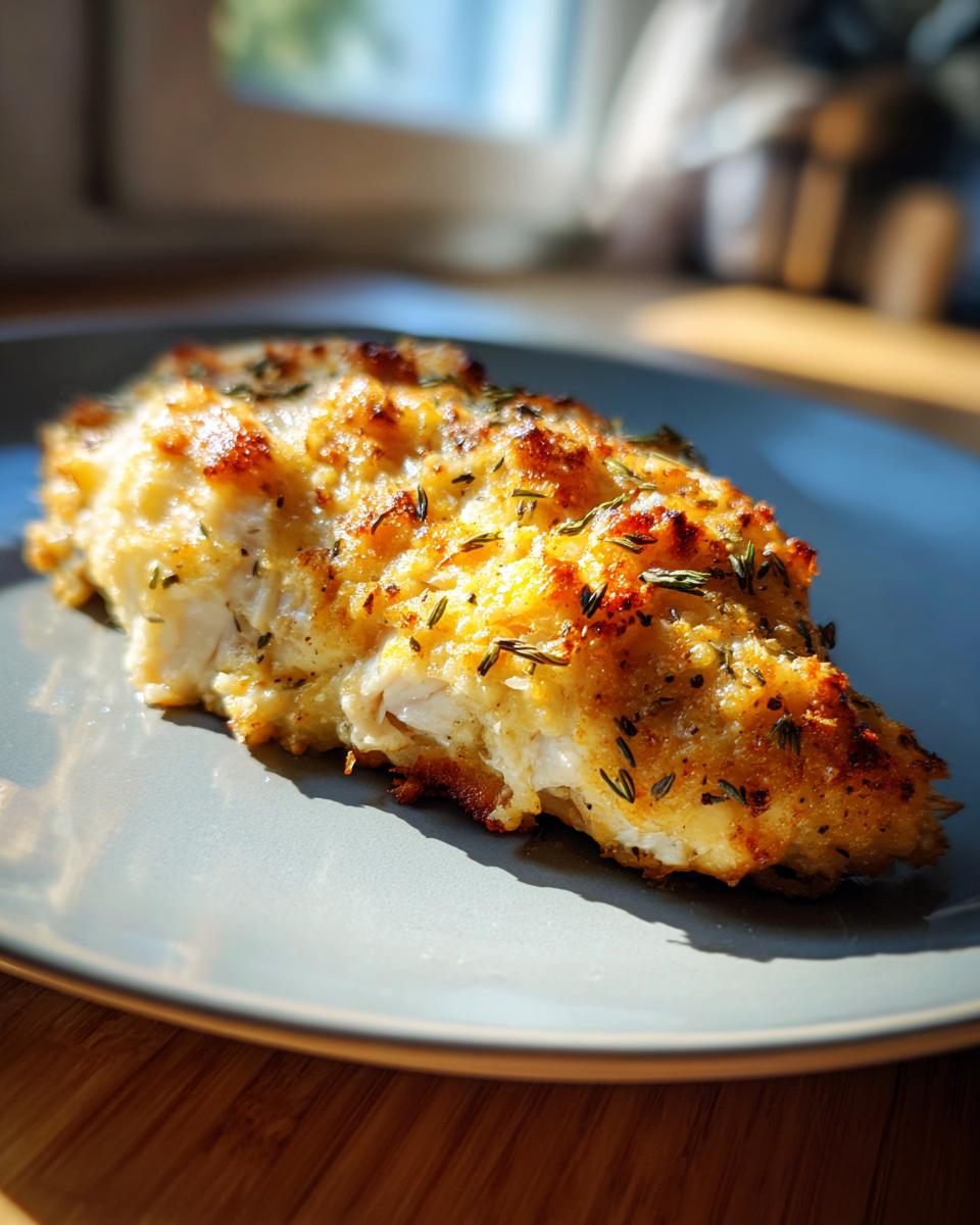 A close-up of a perfectly baked piece of Melt in Your Mouth Chicken, golden brown and seasoned with herbs.