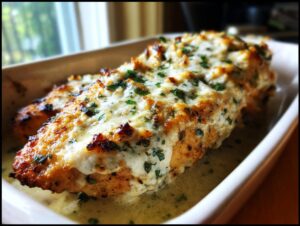 Close-up of baked Melt in Your Mouth Chicken covered in creamy sauce and herbs in a white baking dish.