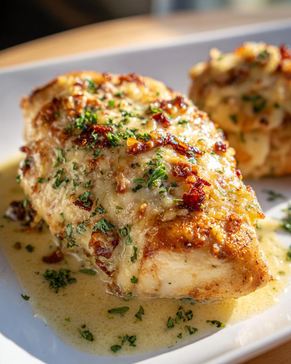 Close-up of a juicy Melt in your mouth chicken breast topped with melted cheese, sun-dried tomatoes, and parsley.