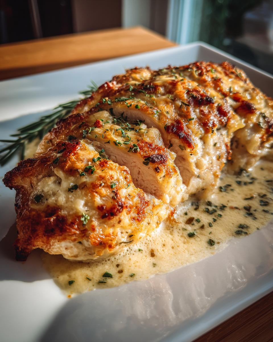 Close-up of Melt in Your Mouth Chicken, sliced and served with a rich, creamy sauce and garnished with herbs.