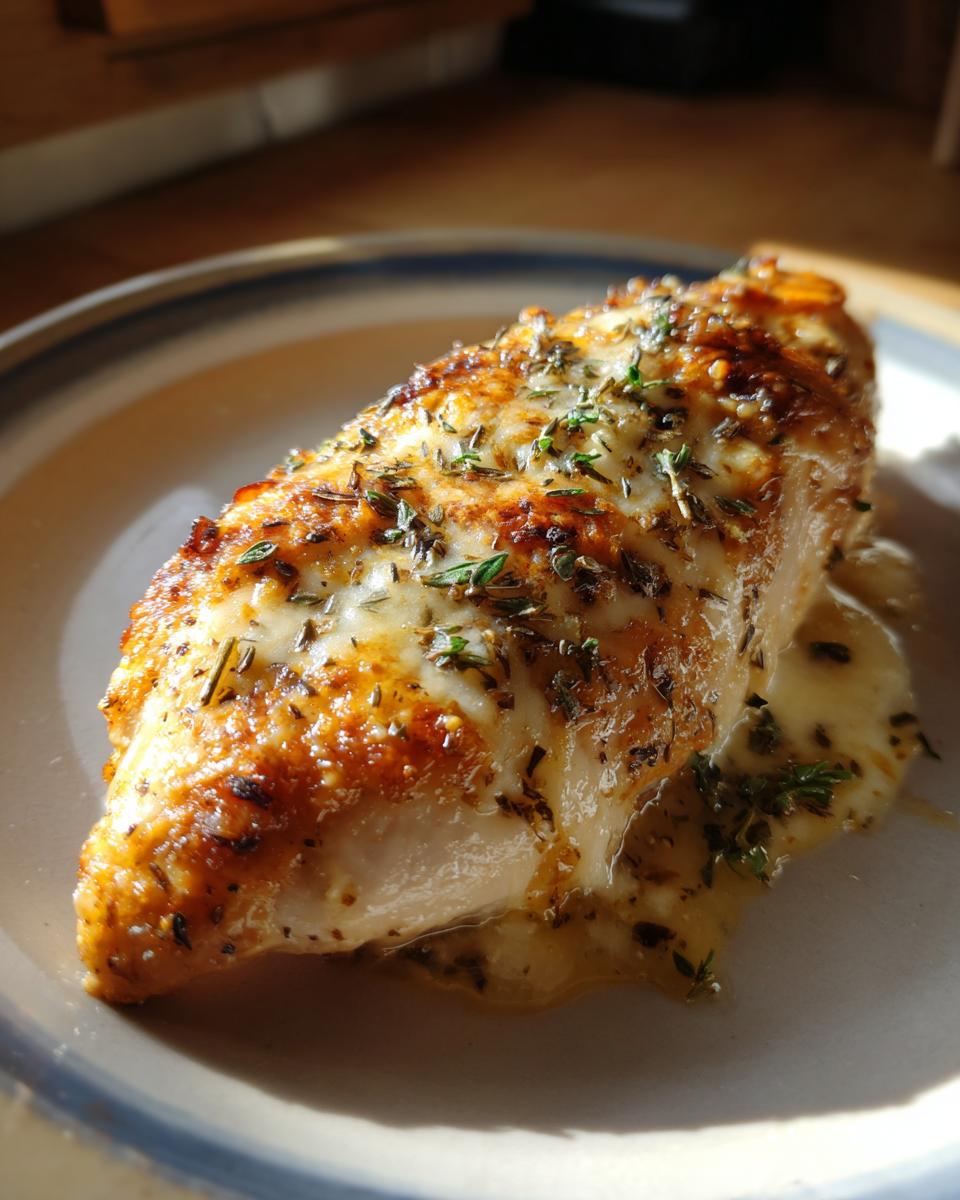 A golden-brown, juicy chicken breast topped with melted cheese and fresh herbs, part of a Melt in Your Mouth Chicken recipe.