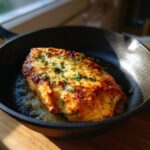A golden-brown, cheesy Melt in Your Mouth Chicken breast baked in a cast-iron skillet, sprinkled with fresh parsley.