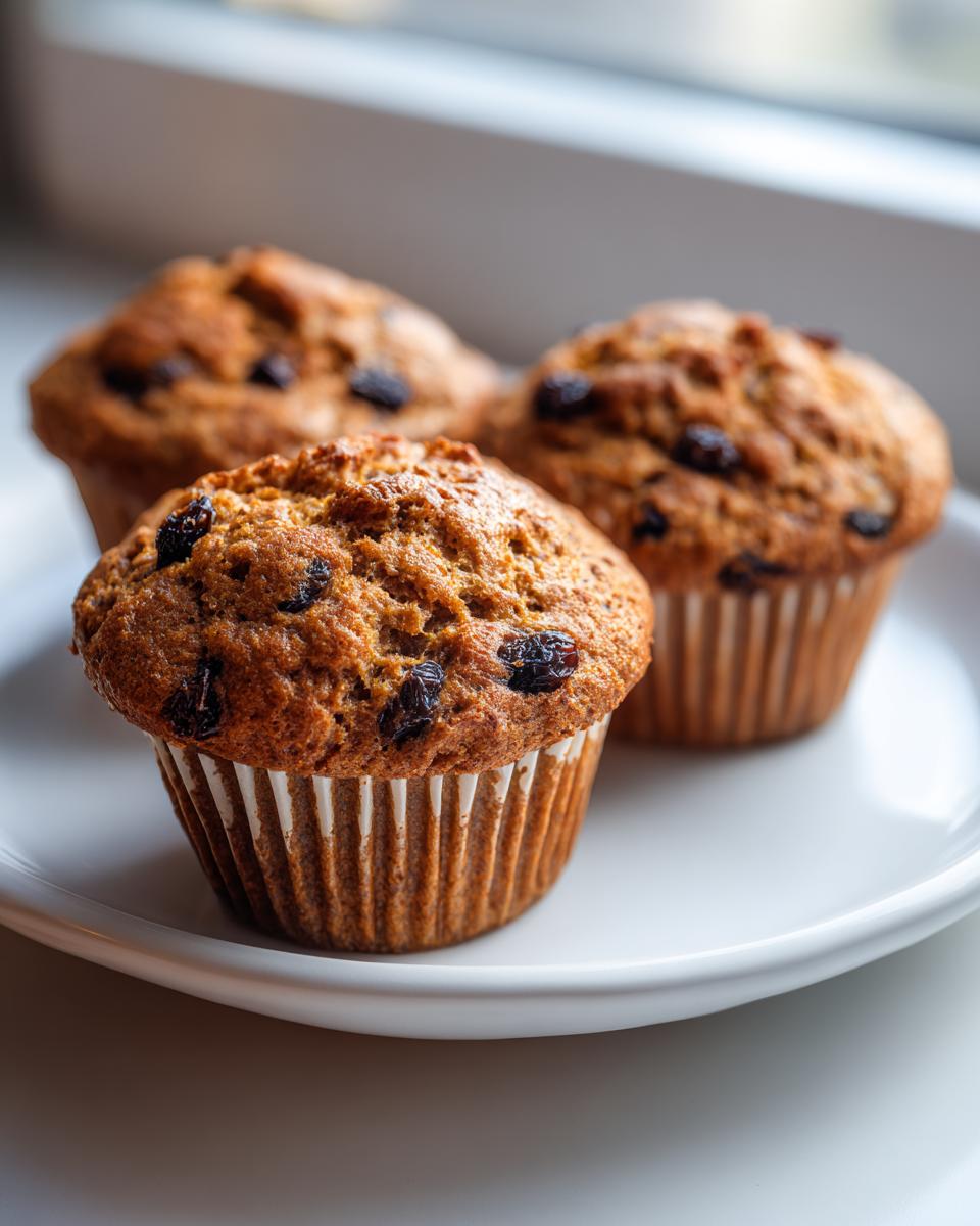 Close-up of three freshly baked, moist bran muffins dotted with raisins, sitting on a white plate near a window.