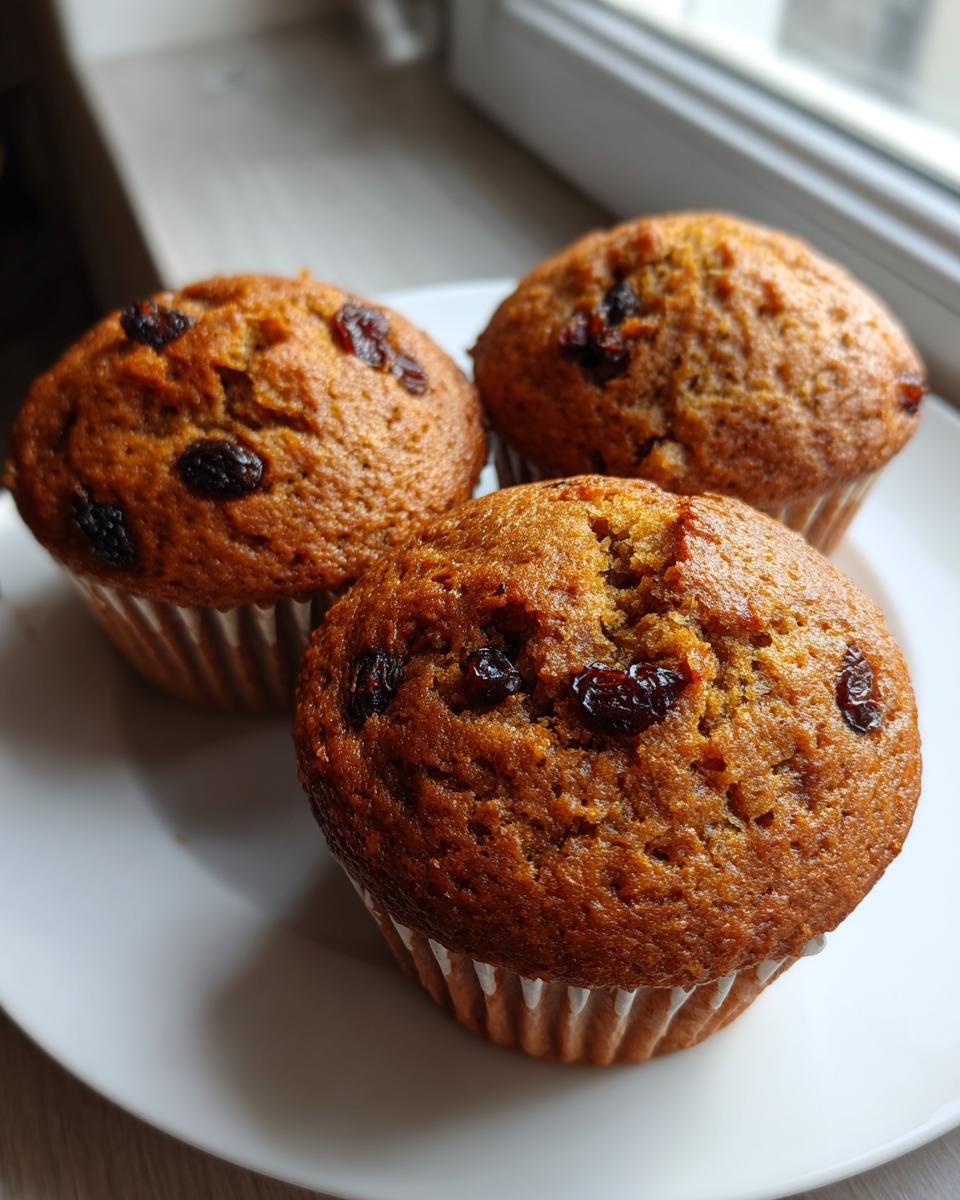 Three golden brown bran muffins topped with dark raisins resting on a white plate near a window.