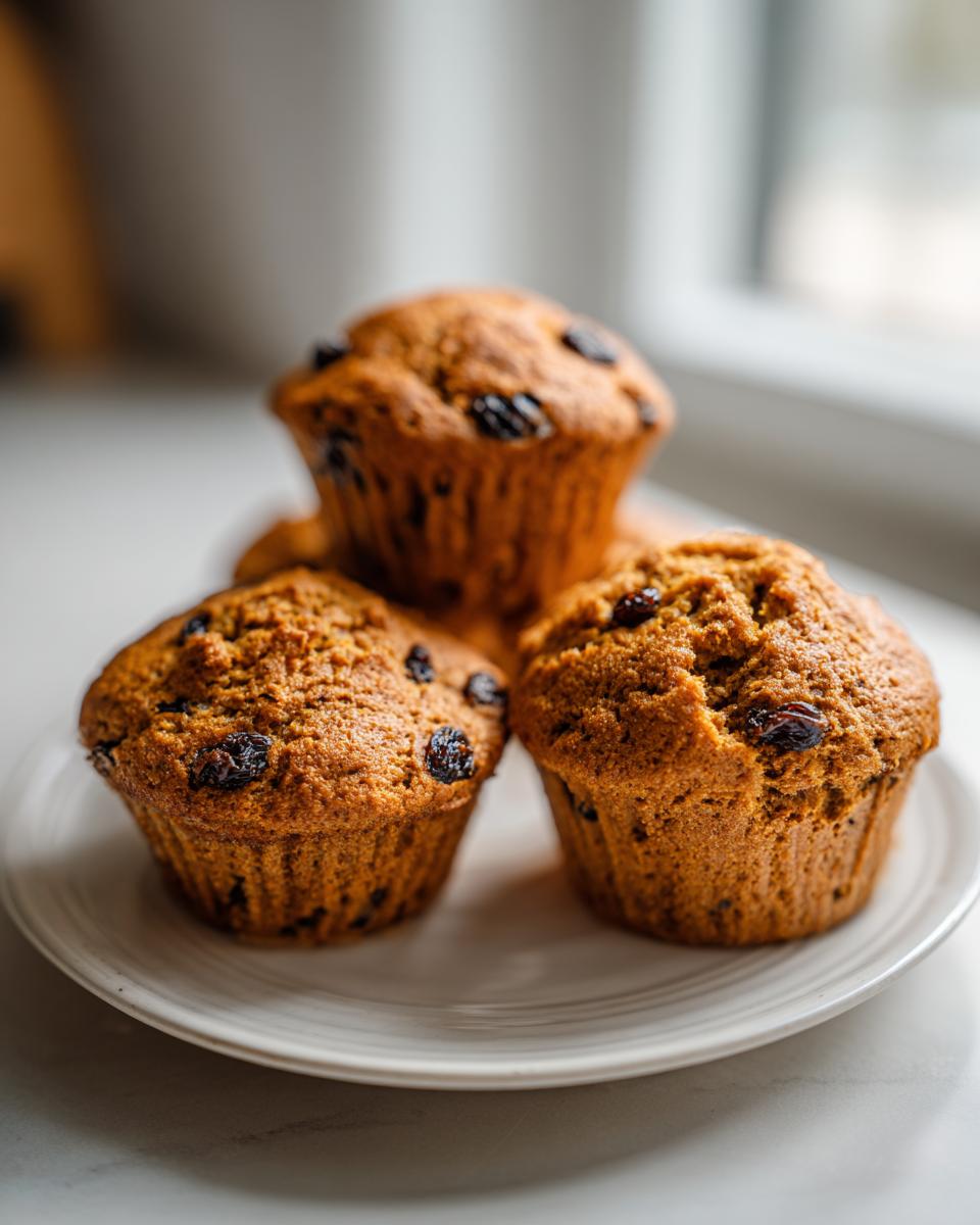 Close-up of three freshly baked, moist bran muffins studded with raisins, resting on a white plate.