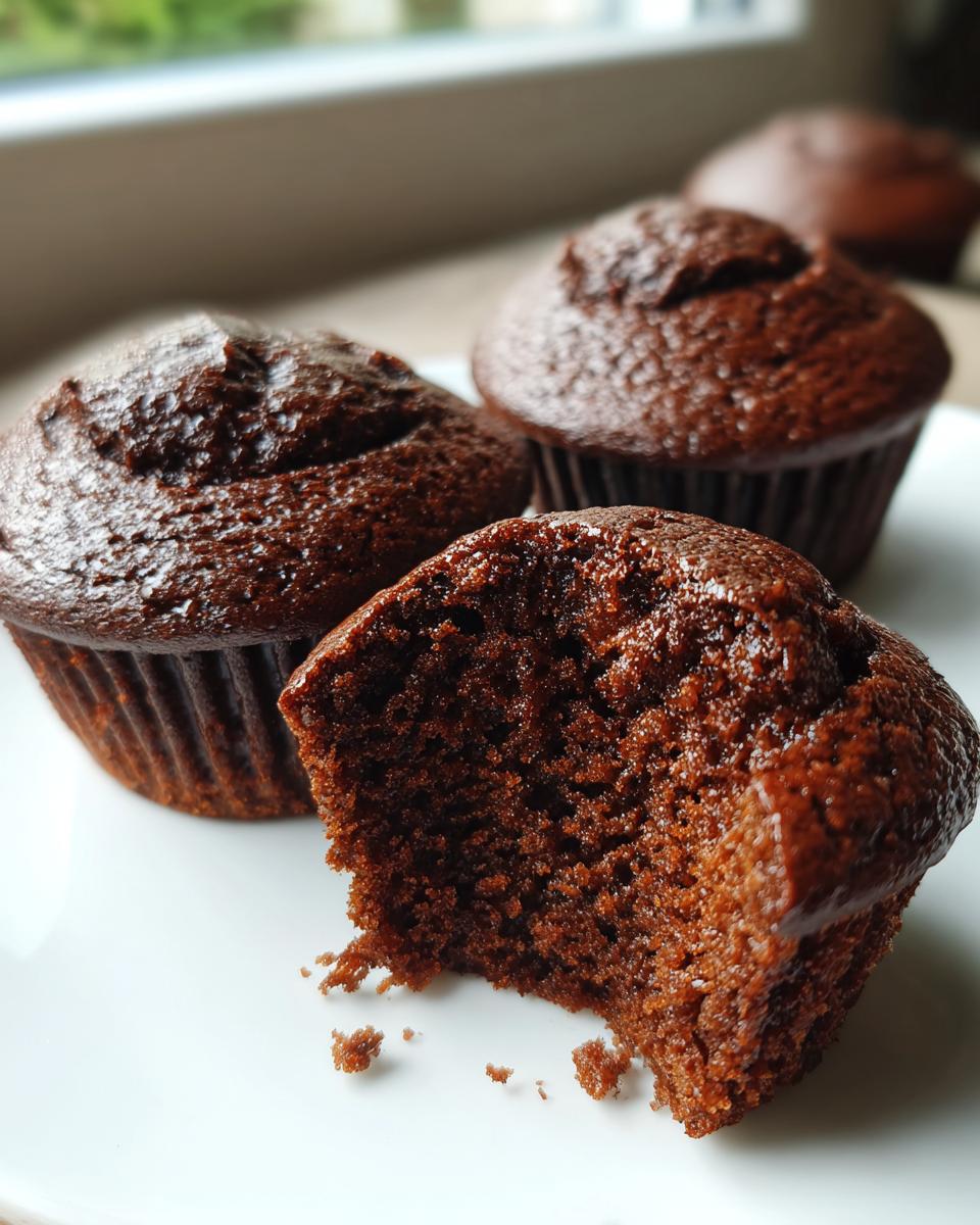 Close-up of a moist chocolate cupcake with a bite taken out, revealing its rich texture. Other chocolate cupcakes are in the background.