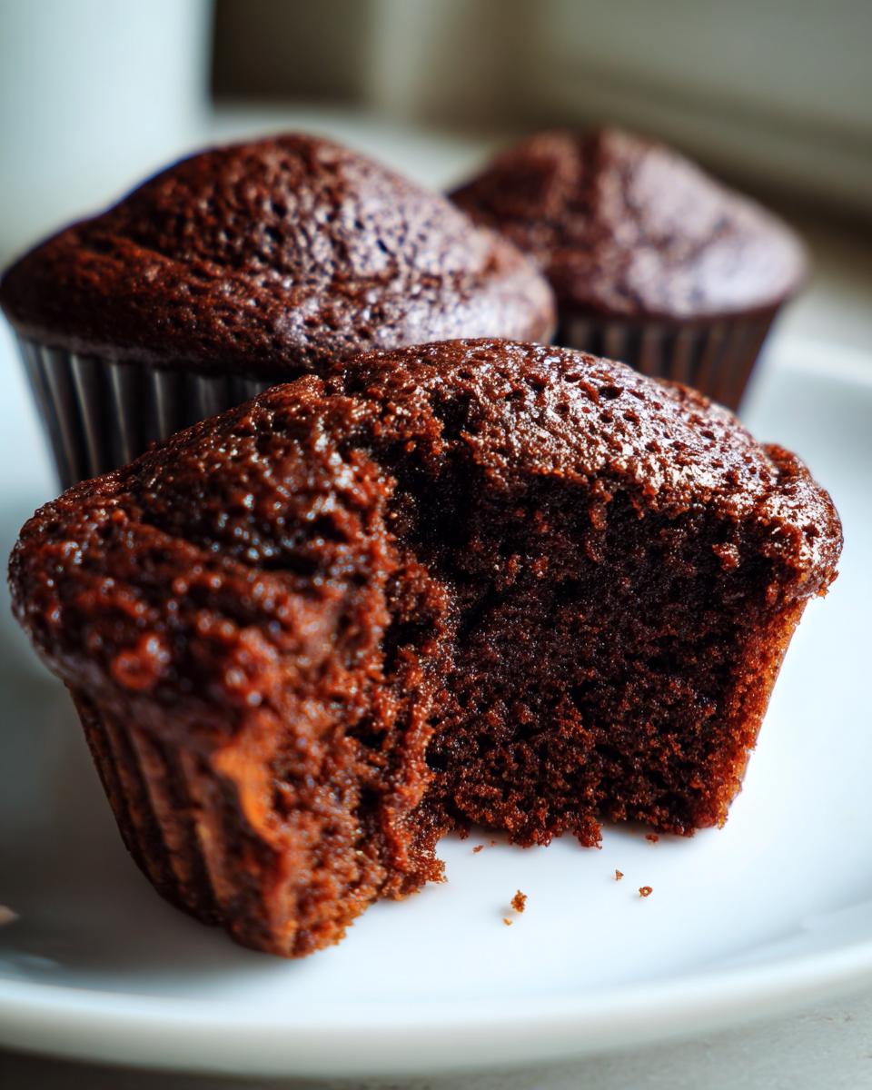Close-up of a moist chocolate cupcake with a bite taken out, revealing its rich texture.