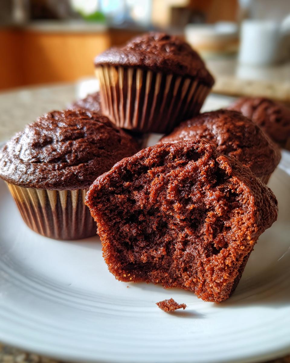 Close-up of a moist chocolate cupcake, one is broken open to show its fluffy texture.