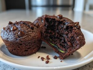 Close-up of rich chocolate zucchini muffins, one cut open showing moist texture and a sliver of green zucchini.