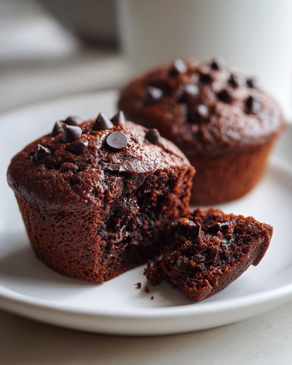 Close-up of a rich, dark chocolate zucchini muffin broken open, showing moist texture and chocolate chips.