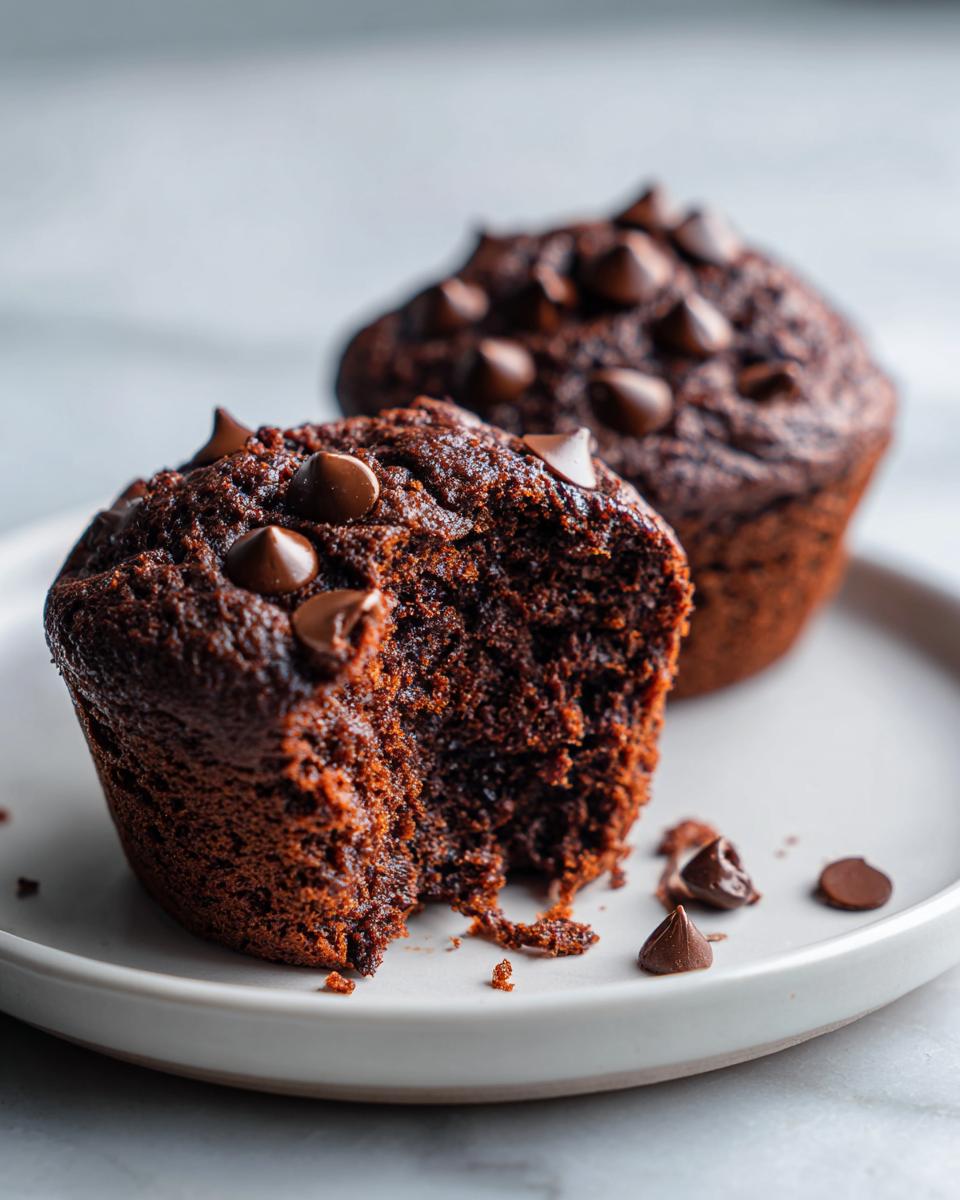 Close-up of a rich, dark chocolate zucchini muffins, one broken open to show the moist interior and chocolate chips.
