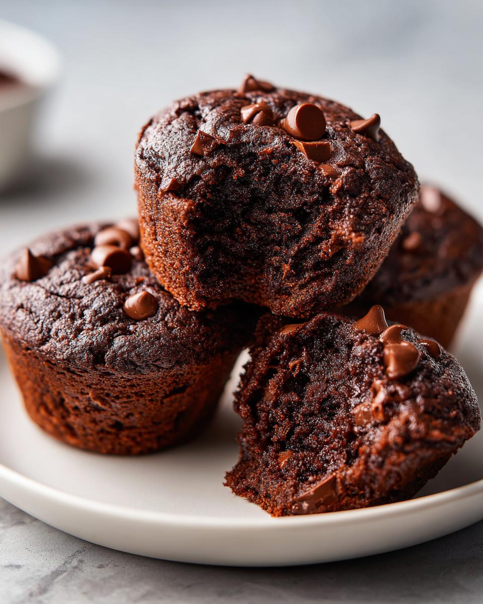 Close-up of rich, dark chocolate zucchini muffins stacked on a white plate, one broken open showing moist interior.