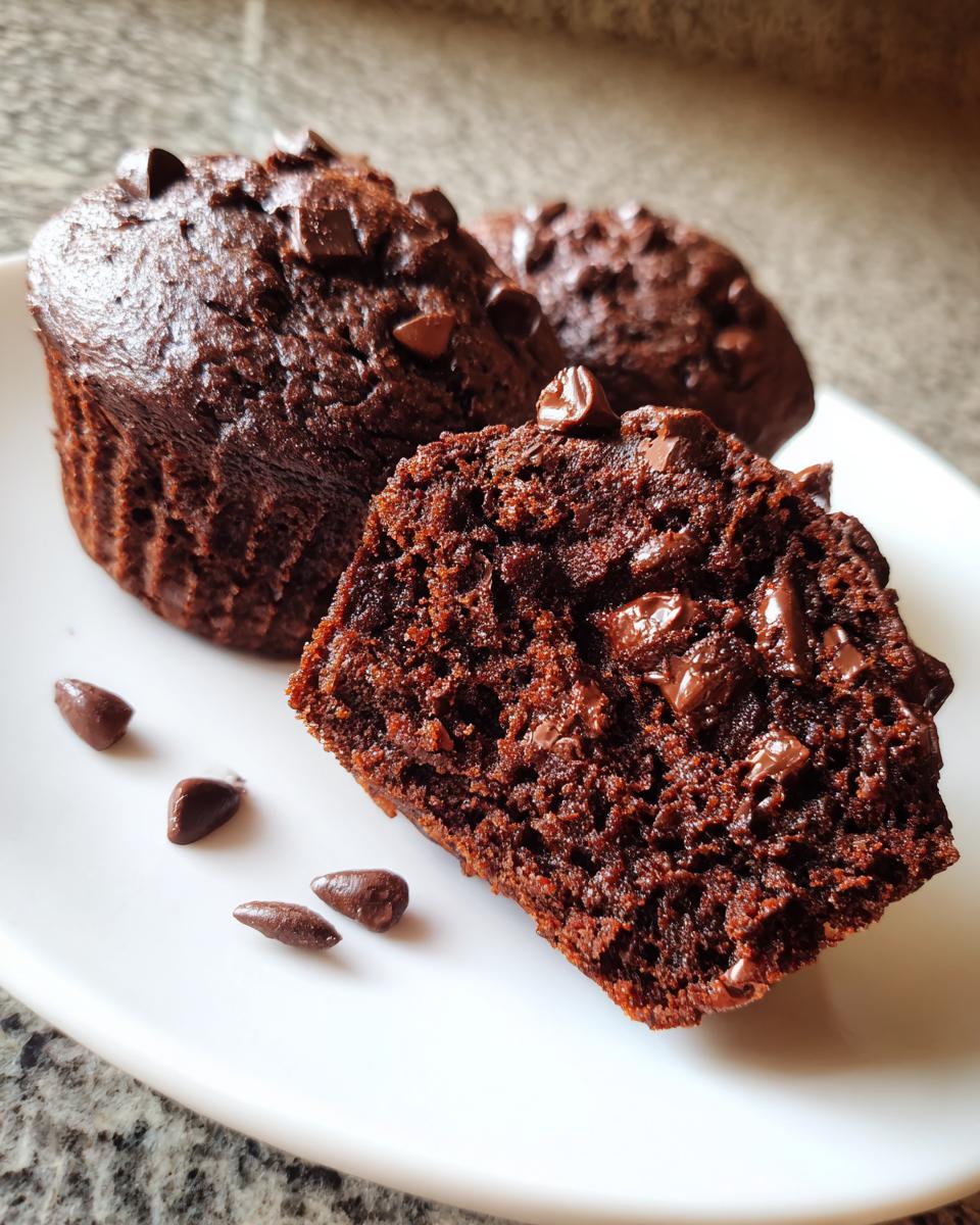 Close-up of a moist chocolate zucchini muffin cut in half, showing rich texture and chocolate chips.