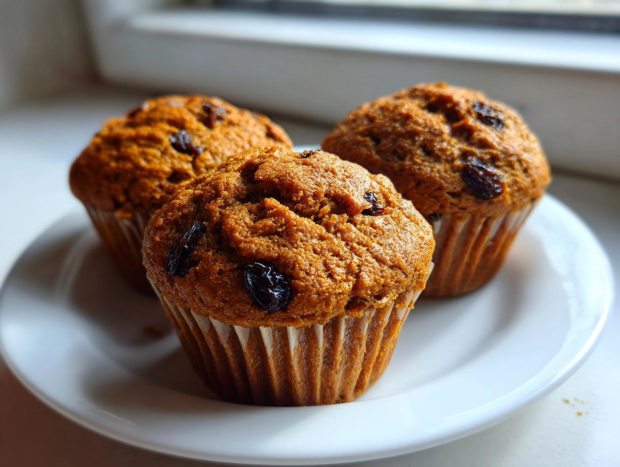 Three freshly baked, moist bran muffins studded with raisins, presented on a white plate near a window.