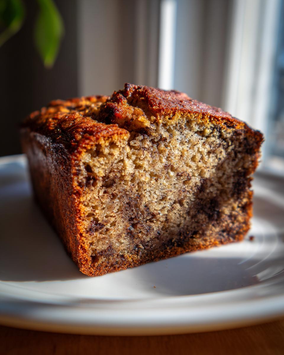 Close-up of a moist slice of sugar free banana bread with a dark, caramelized crust, sitting on a white plate.