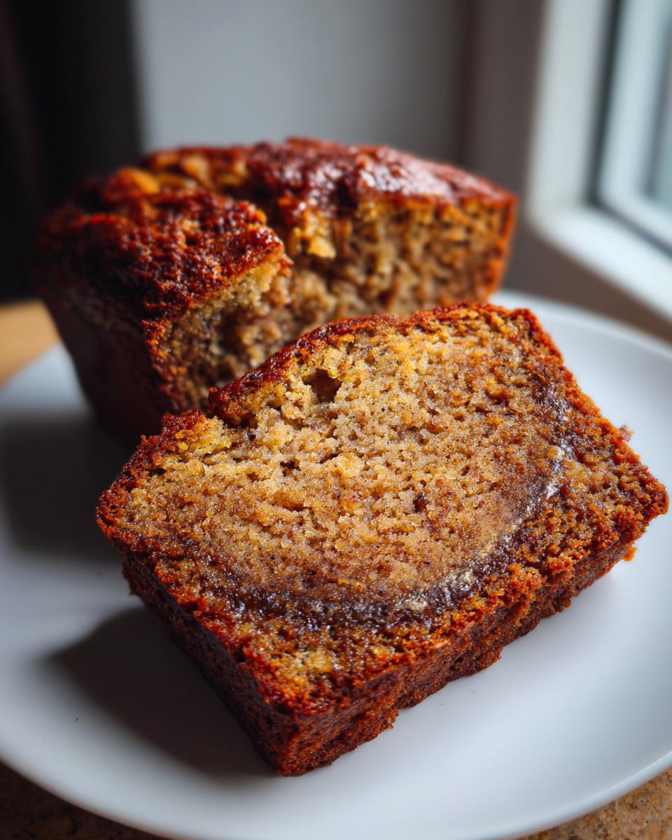 A close-up of a slice of moist sugar free banana bread showing a dark cinnamon swirl inside.